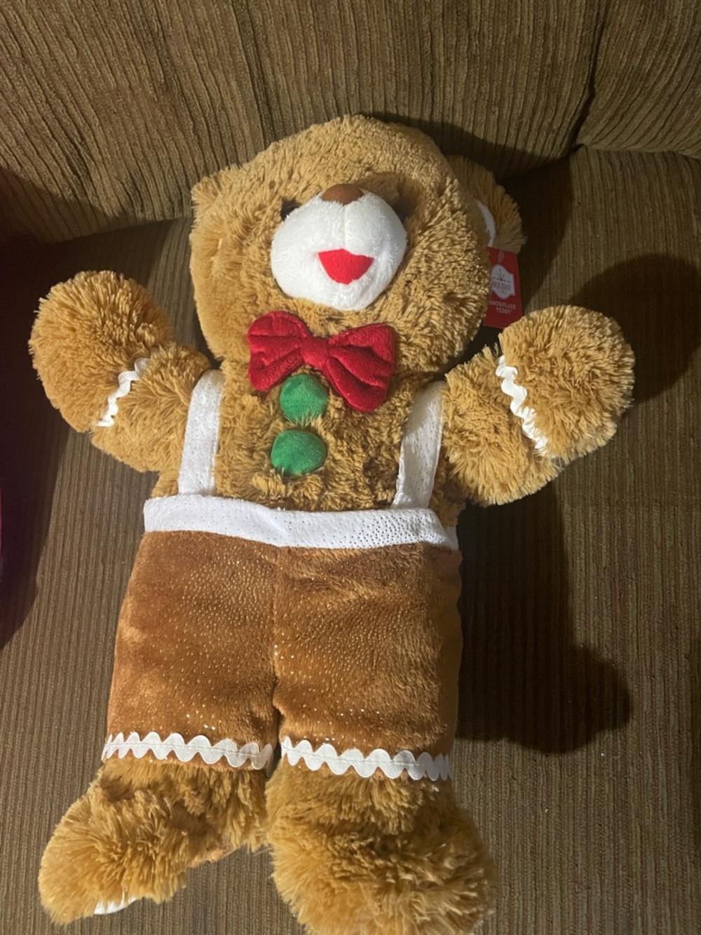Holiday Time Brown Plush Gingerbread Bear with Red Bow and Green Buttons